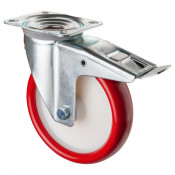 Roulette Manutention Avec blocage total Polyuréthane rouge - Ø200mm 300kg - Fix. Platine