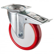 Roulette Manutention Avec blocage total Polyuréthane rouge - Ø200mm 300kg - Fix. Platine