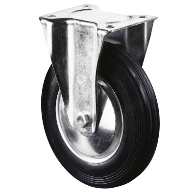 Roulette Manutention Fixe Caoutchouc noir - Ø200mm 205kg - Fix. Platine