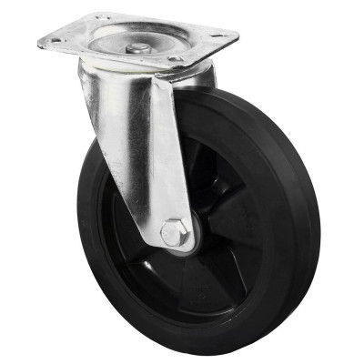 Roulette Manutention Pivotante Caoutchouc élastique noir - Ø125mm 200kg - Fix. Platine