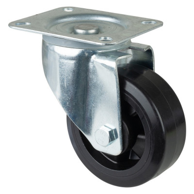 Roulette Manutention Pivotante Caoutchouc élastique noir - Ø125mm 300kg - Fix. Platine