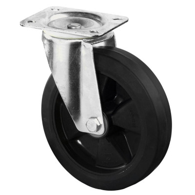 Roulette Manutention Pivotante Caoutchouc élastique noir - Ø160mm 300kg - Fix. Platine
