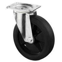 Roulette Manutention Pivotante Caoutchouc élastique noir - Ø200mm 300kg - Fix. Platine