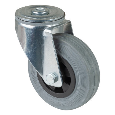 Roulette Manutention Pivotante Caoutchouc gris - Ø100mm 70kg - Fix. Trou central