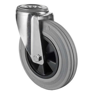 Roulette Manutention Pivotante Caoutchouc gris - Ø200mm 200kg - Fix. Trou central