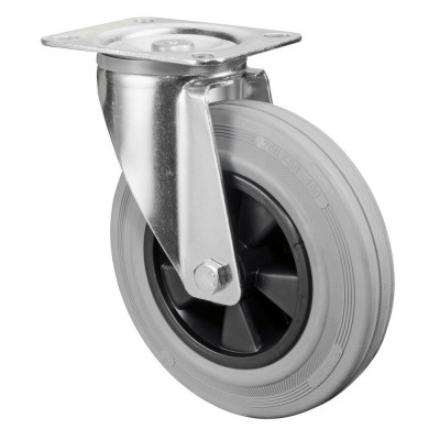 Roulette Manutention Pivotante Caoutchouc gris - Ø200mm 205kg - Fix. Platine