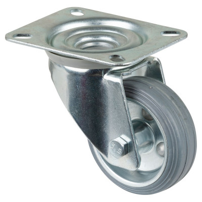 Roulette Manutention Pivotante Caoutchouc gris - Ø80mm 50kg - Fix. Platine