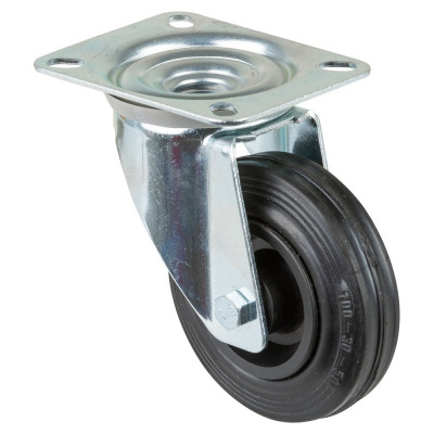 Roulette Manutention Pivotante Caoutchouc noir - Ø100mm 70kg - Fix. Platine