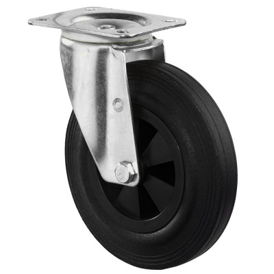 Roulette Manutention Pivotante Caoutchouc noir - Ø125mm 100kg - Fix. Platine