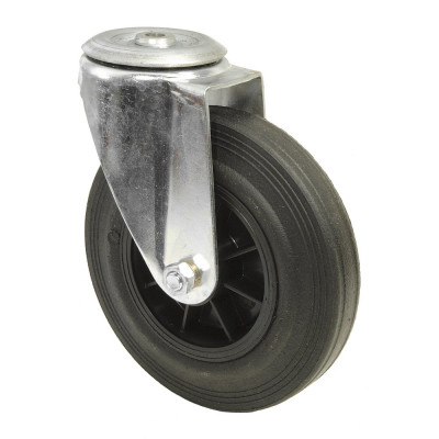 Roulette Manutention Pivotante Caoutchouc noir - Ø160mm 150kg - Fix. Trou central