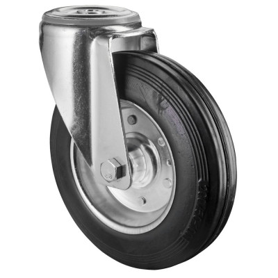 Roulette Manutention Pivotante Caoutchouc noir - Ø200mm 200kg - Fix. Trou central
