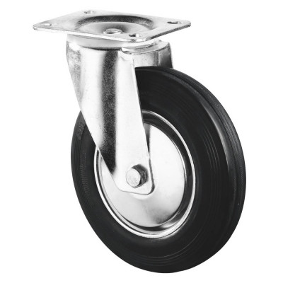 Roulette Manutention Pivotante Caoutchouc noir - Ø200mm 205kg - Fix. Platine