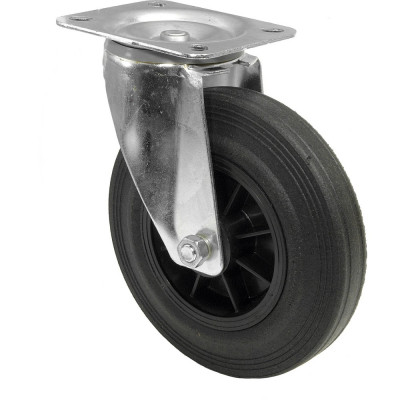 Roulette Manutention Pivotante Caoutchouc noir - Ø200mm 205kg - Fix. Platine
