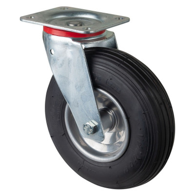 Roulette Manutention Pivotante Pneumatique, caoutchouc noir - Ø230mm 130kg - Fix. Platine
