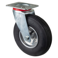 Roulette Manutention Pivotante Pneumatique, caoutchouc noir - Ø230mm 130kg - Fix. Platine