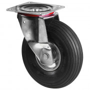 Roulette Manutention Pivotante Pneumatique, caoutchouc noir - Ø260mm 200kg - Fix. Platine