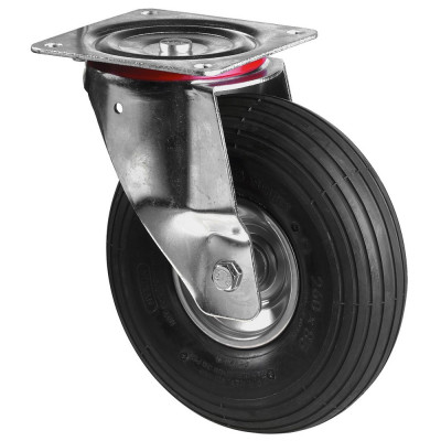 Roulette Manutention Pivotante Pneumatique, caoutchouc noir - Ø260mm 200kg - Fix. Platine