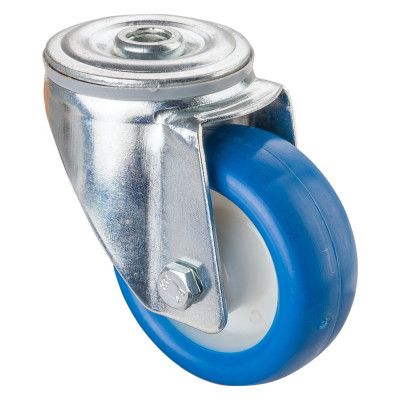 Roulette Manutention Pivotante Polyuréthane bleu - Ø80mm 70kg - Fix. Trou central
