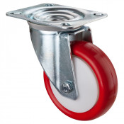 Roulette Manutention Pivotante Polyuréthane rouge - Ø100mm 150kg - Fix. Platine