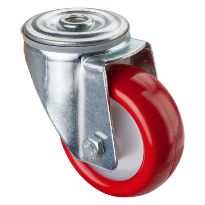 Roulette Manutention Pivotante Polyuréthane rouge - Ø80mm 100kg - Fix. Trou central