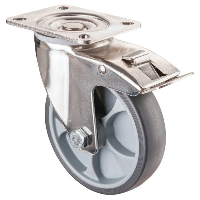 Roulette Inox Caoutchouc Ø125mm 120kg - Avec blocage directionnel