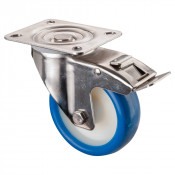 Roulette Inox Polyuréthane bleu 85 +/-3 Shore Ø100mm 110kg - Avec blocage direct