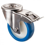 Roulette Inox Polyuréthane bleu 85 +/-3 Shore Ø100mm 110kg - Avec blocage direct