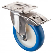 Roulette Inox Polyuréthane bleu 85 +/-3 Shore Ø125mm 150kg - Avec blocage direct