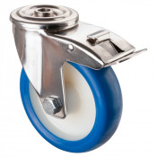 Roulette Inox Polyuréthane bleu 85 +/-3 Shore Ø125mm 150kg - Avec blocage direct