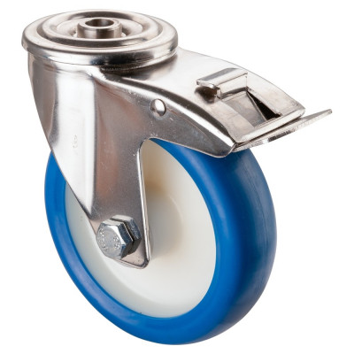Roulette Inox Polyuréthane bleu 85 +/-3 Shore Ø125mm 150kg - Avec blocage direct