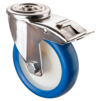 Roulette Inox Polyuréthane bleu 85 +/-3 Shore Ø125mm 150kg - Avec blocage direct Roulette Inox Polyuréthane bleu 85 +/-3 Shore Ø125mm 150kg - Avec blocage direct