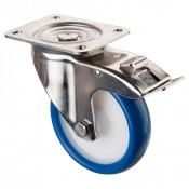 Roulette Inox Polyuréthane bleu 85 +/-3 Shore Ø150mm 200kg - Avec blocage direct