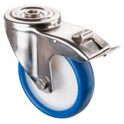 Roulette Inox Polyuréthane bleu 85 +/-3 Shore Ø150mm 200kg - Avec blocage direct
