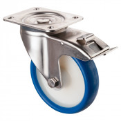 Roulette Inox Polyuréthane bleu 85 +/-3 Shore Ø160mm 250kg - Avec blocage direct