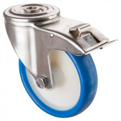 Roulette Inox Polyuréthane bleu 85 +/-3 Shore Ø160mm 250kg - Avec blocage direct