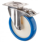 Roulette Inox Polyuréthane bleu 85 +/-3 Shore Ø200mm 300kg - Avec blocage direct