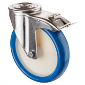 Roulette Inox Polyuréthane bleu 85 +/-3 Shore Ø200mm 300kg - Avec blocage direct