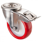 Roulette Inox Polyuréthane rouge 95 +/-3 Shore Ø100mm 140kg - Avec blocage direc