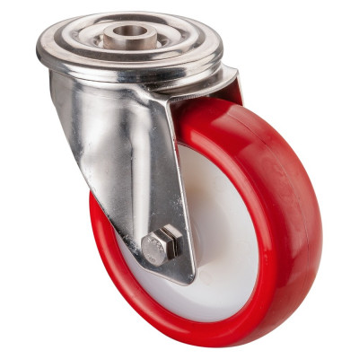 Roulette Inox Polyuréthane rouge 95 +/-3 Shore Ø100mm 140kg - Pivotante