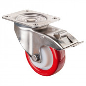 Roulette Inox Polyuréthane rouge 95 +/-3 Shore Ø100mm 200kg - Avec blocage direc