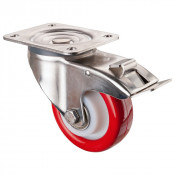 Roulette Inox Polyuréthane rouge 95 +/-3 Shore Ø100mm 200kg - Avec blocage direc