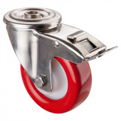 Roulette Inox Polyuréthane rouge 95 +/-3 Shore Ø100mm 200kg - Avec blocage direc