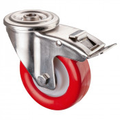 Roulette Inox Polyuréthane rouge 95 +/-3 Shore Ø100mm 200kg - Avec blocage direc