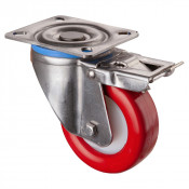 Roulette Inox Polyuréthane rouge 95 +/-3 Shore Ø100mm 250kg - Avec blocage total