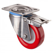 Roulette Inox Polyuréthane rouge 95 +/-3 Shore Ø100mm 250kg - Avec blocage total