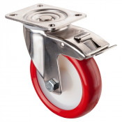 Roulette Inox Polyuréthane rouge 95 +/-3 Shore Ø125mm 180kg - Avec blocage direc