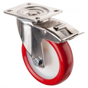 Roulette Inox Polyuréthane rouge 95 +/-3 Shore Ø125mm 180kg - Avec blocage direc