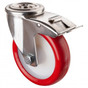 Roulette Inox Polyuréthane rouge 95 +/-3 Shore Ø125mm 180kg - Avec blocage direc