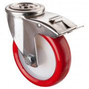 Roulette Inox Polyuréthane rouge 95 +/-3 Shore Ø125mm 180kg - Avec blocage direc