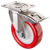 Roulette Inox Polyuréthane rouge 95 +/-3 Shore Ø125mm 200kg - Avec blocage direc